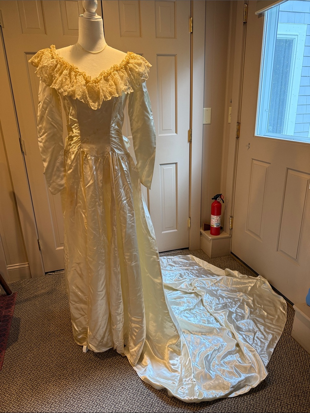 1940s Ivory Satin Long Sleeve Wedding Dress with Buttons and Long Train
